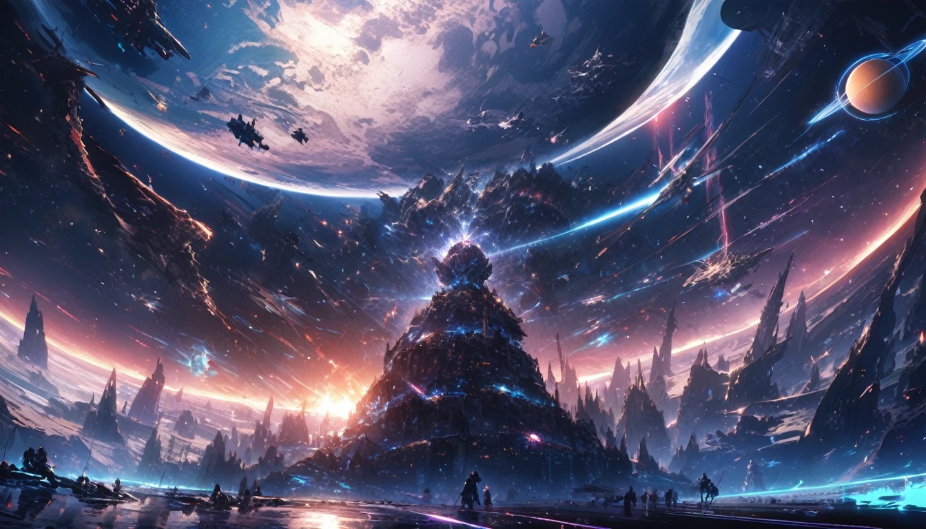 A great space war in the center a small knight in cybernetic armor amidst giant ships and the image of a planet