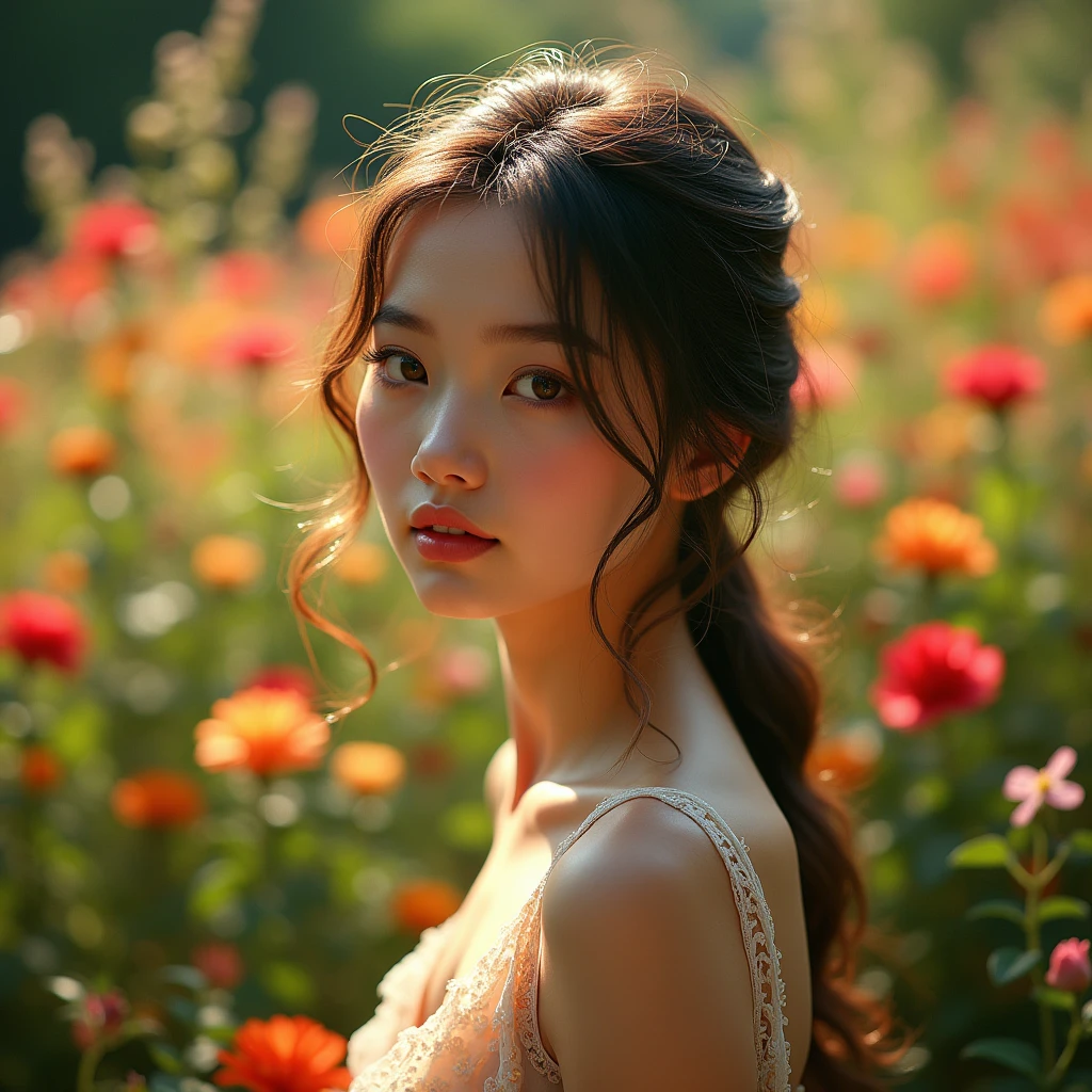 a beautiful young girl, detailed facial features, long eyelashes, elegant dress, outdoors in a lush garden, colorful flowers, sunlight, serene expression, high quality, detailed art, photorealistic, cinematic lighting, rich colors, masterpiece