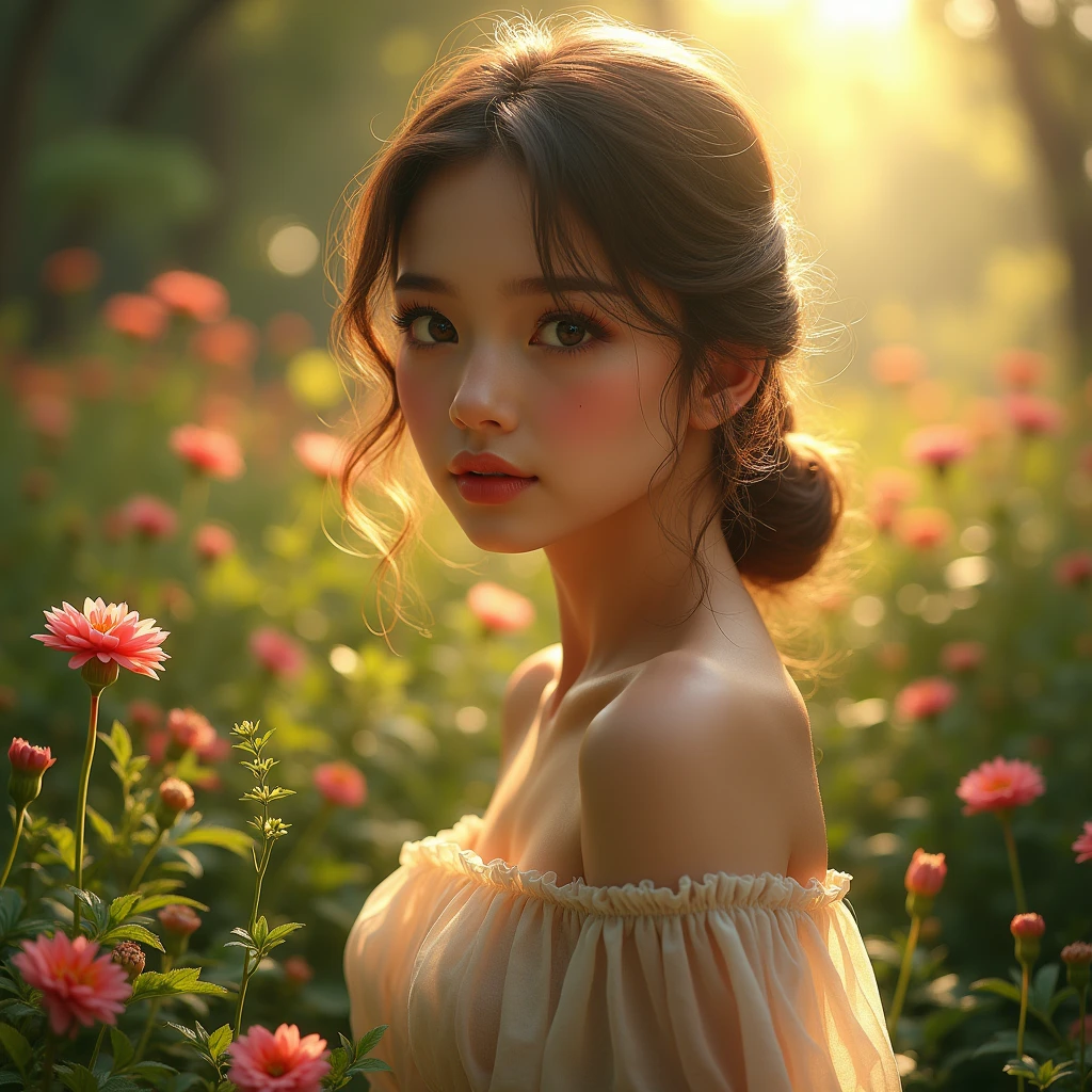 a beautiful young girl, detailed facial features, long eyelashes, elegant dress, outdoors in a lush garden, colorful flowers, sunlight, serene expression, high quality, detailed art, photorealistic, cinematic lighting, rich colors, masterpiece