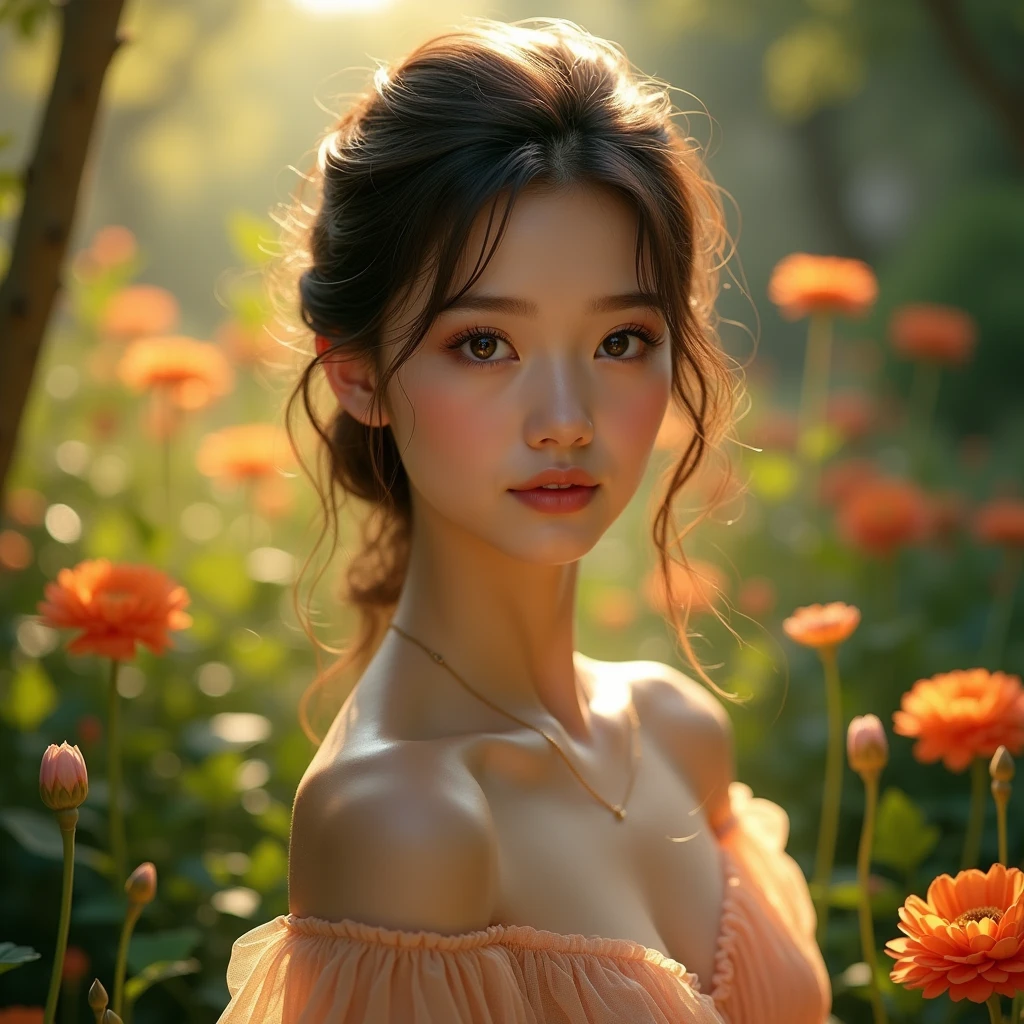 a beautiful young girl, detailed facial features, long eyelashes, elegant dress, outdoors in a lush garden, colorful flowers, sunlight, serene expression, high quality, detailed art, photorealistic, cinematic lighting, rich colors, masterpiece