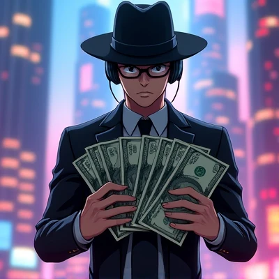 anime character, with tony tony chopper's hat, headset, glasses on the face, Black Suit, and holding large bills of money in his hand. cyberpunk themed background