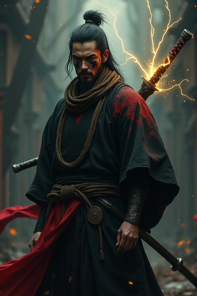 A Japanese man with a black mark and some red marks, a thick rope around his neck and his clothes completely black with red edges, carrying a sword with yellow lightning around it. Dark fantasy

