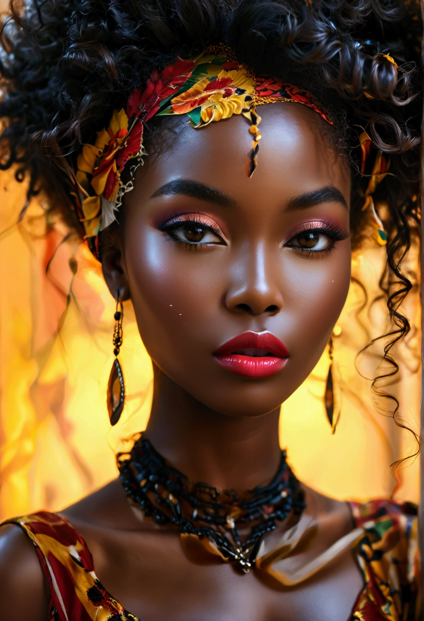 Create an image of a stunningly gorgeous beautiful  African women, long luscious eyelashes, black eyeliner, professional studio makeup, lipstick, natural hair, stunningly gorgeous feminine face light silky perfect skin, perfect body figure, natural large breast, sexy seductive waist, sexy seductive outfit,