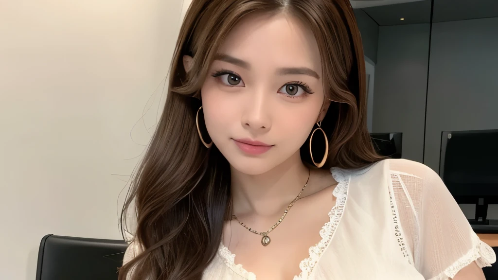 Highest quality、High resolution、8k wallpaper、Dense and beautiful eye-glue hair、(Beautiful breasts:1.3)、Natural color lip、25歳のwoman、woman、Brown Hair、A strange look、Tilt your head、Semi-long hair、Hair tied up、Wearing a necklace and earrings、Frilly black blouse、work、Short sleeves、indoor、IT industry、Large office、Receptionist