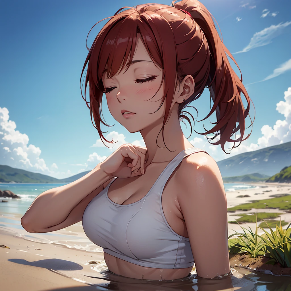 1girl, solo:1.5, masterpiece, best quality, high res, highly detailed, (illustration), beautiful detailed eyes, yuigahama yui, red hair ponytail, glossy lips, light makeup, orgasm, (looking up to the sky:1.5), intimate moment, cute tank top, visible thong underwear, cleavage, (quicksand:1.4), (from side:1.4), bog, swampy, grassy, (eyes closed:1.3), gasping