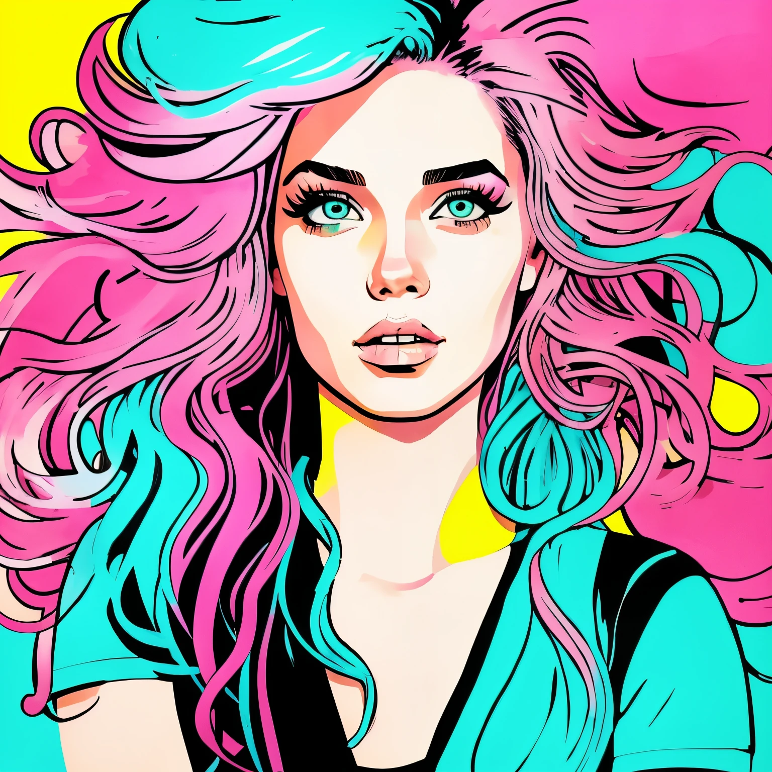 album cover, painted portrait of a girl with pink and turquoise hair, the face is clear, covered by hair, watercolor, pop art style, drawn in the style of a neon marker