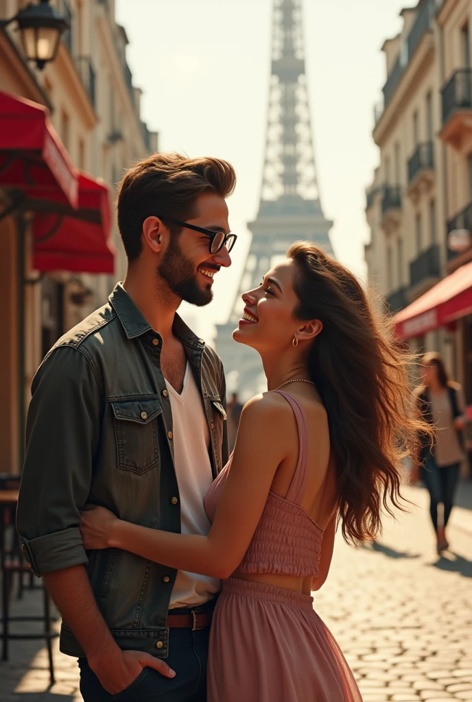 Generate an image of me and my girlfriend in Paris have the guy wear glasses and the girlfriend be short