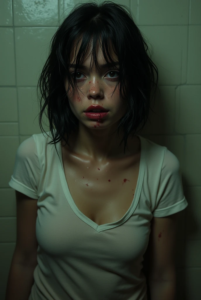 70s setting, grainy film, ultra-detailed, realistic, abstract, desperate tremor, sexual exhausted, hard breath, loosing control, hazy view, sweat, desperation, soaked t-shirt, void background, red lips, noir, wet sticky hair, bob cut, natural skin texture, hot, gray eyes