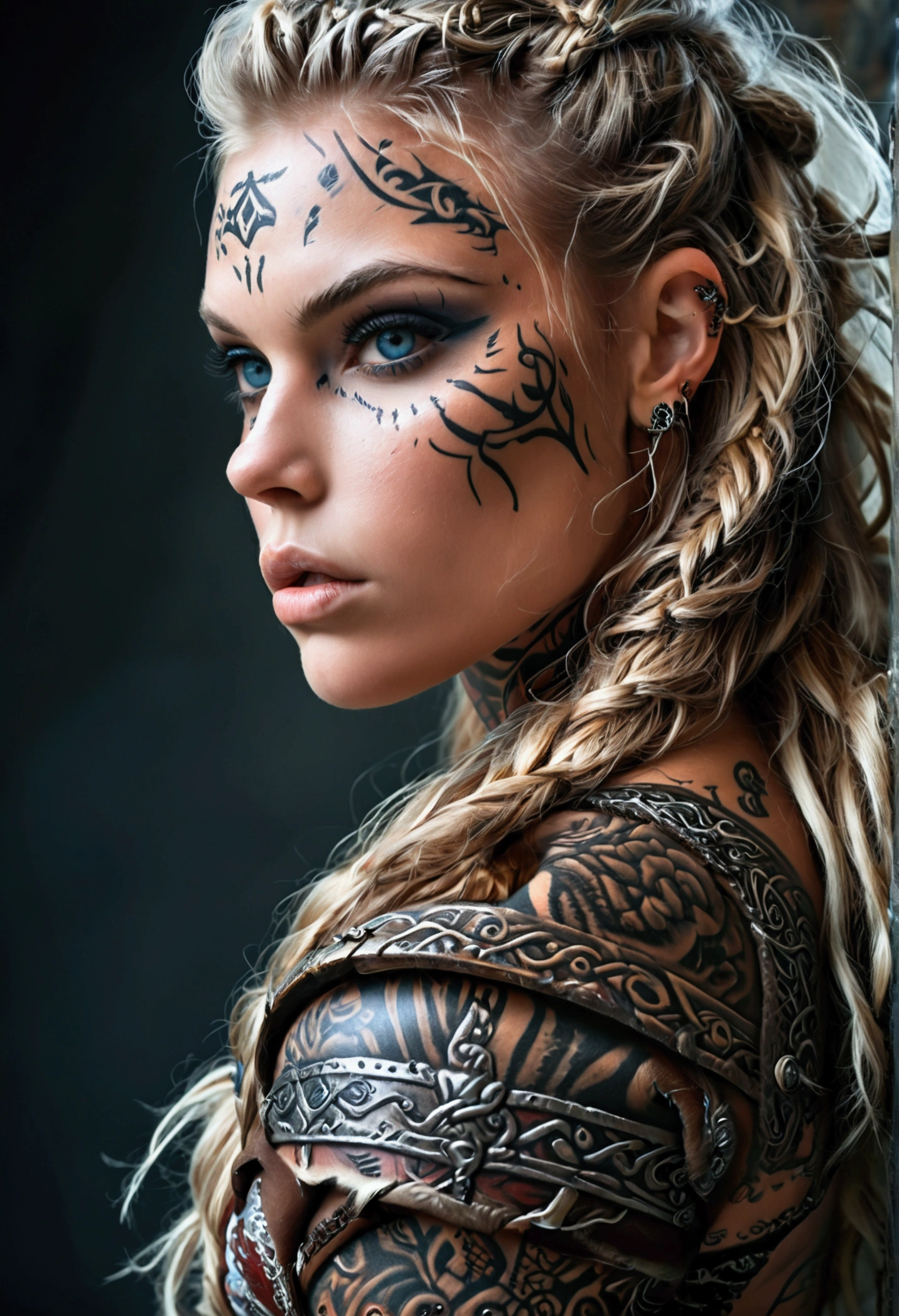 Create a hyper detailed photograph of a tattooed muscular young sexy female viking, Stunningly perfect gorgeous feminine face, perfect makeup, detailed vibrant eyes, long flowing hair, big beautiful muscular legs, big beautiful muscular arms, perfect hour glass body figure, detailed smooth skin, large breast, perfect round ass, complete full body view, viking face paint,
