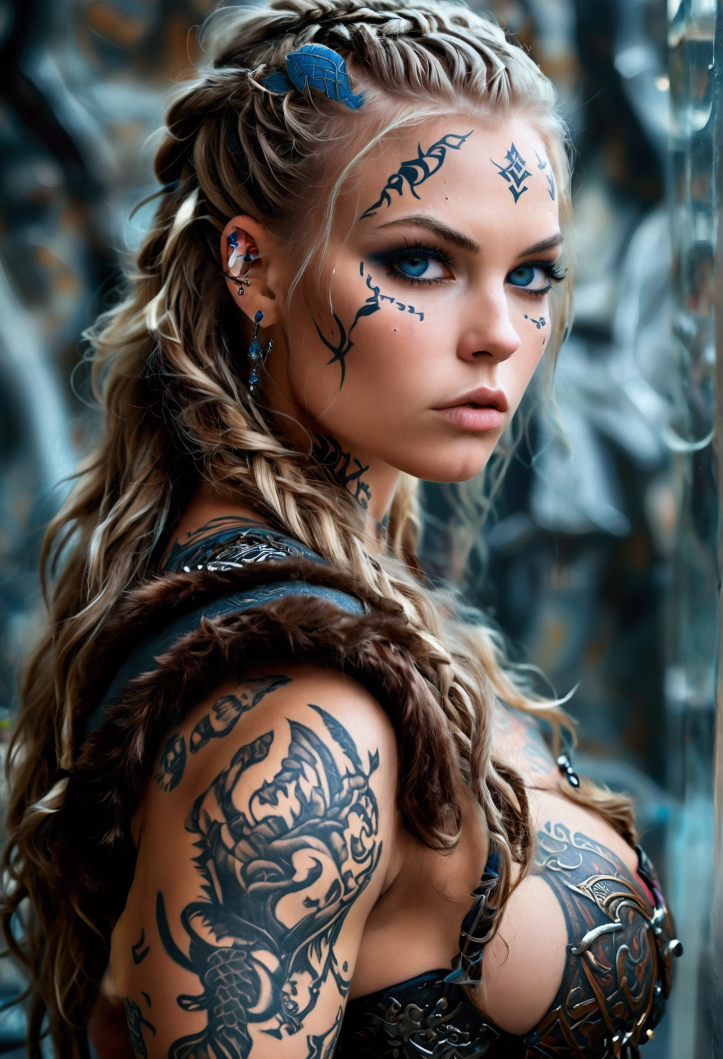 Create a hyper detailed photograph of a tattooed muscular young sexy female viking, Stunningly perfect gorgeous feminine face, perfect makeup, detailed vibrant eyes, long flowing hair, big beautiful muscular legs, big beautiful muscular arms, perfect hour glass body figure, detailed smooth skin, large breast, perfect round ass, complete full body view, viking face paint,
