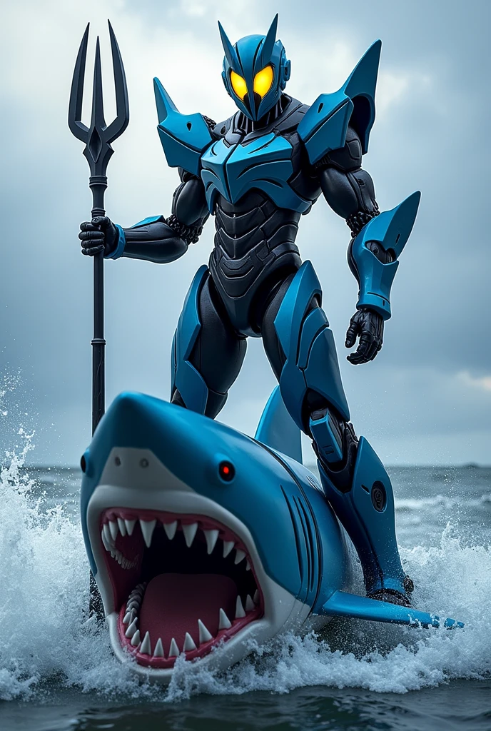 Kamen Rider Shark type, black inner suit, blue armor, two yellow eyes with lights, trident weapon, standing on a blue shark robot with yellow eyes with lights, the background is sea waves.