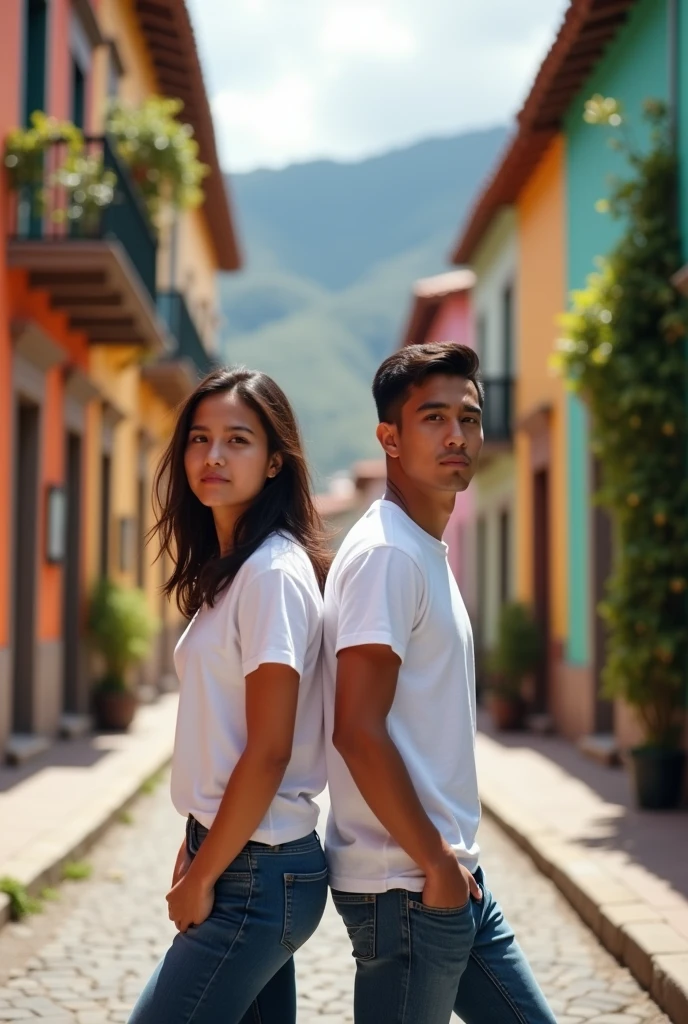 Young man and woman wearing white t-shirts standing back to back walking along different streets in Cuenca, Ecuador