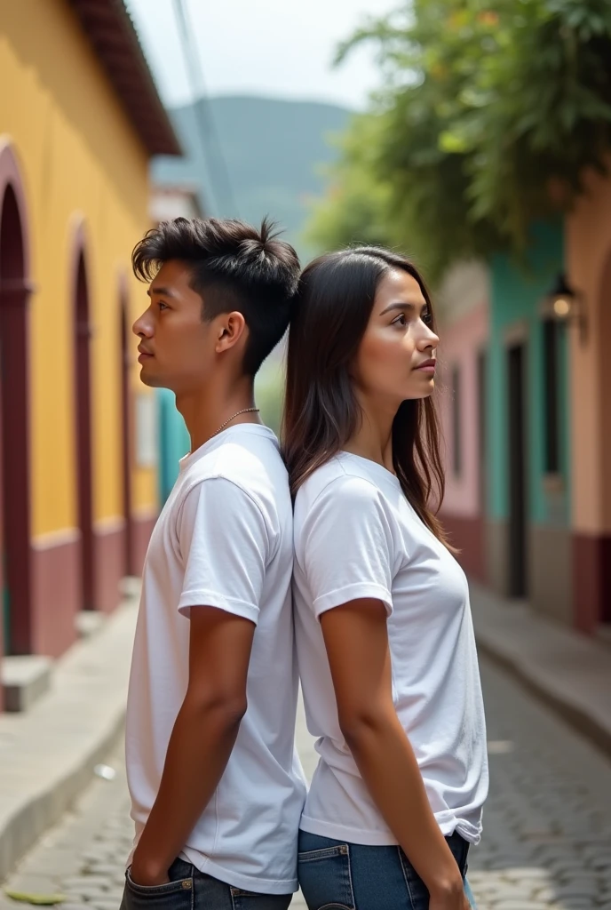 Young man and woman wearing white t-shirts standing back to back walking along different streets in Cuenca, Ecuador