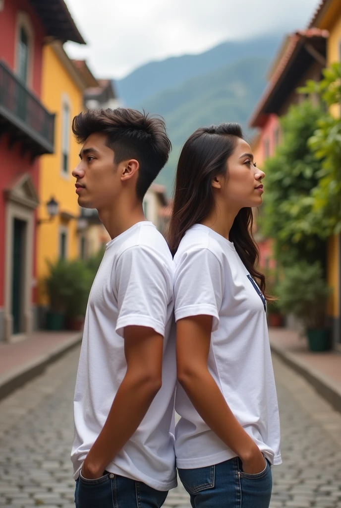 Young man and woman wearing white t-shirts standing back to back walking along different streets in Cuenca, Ecuador