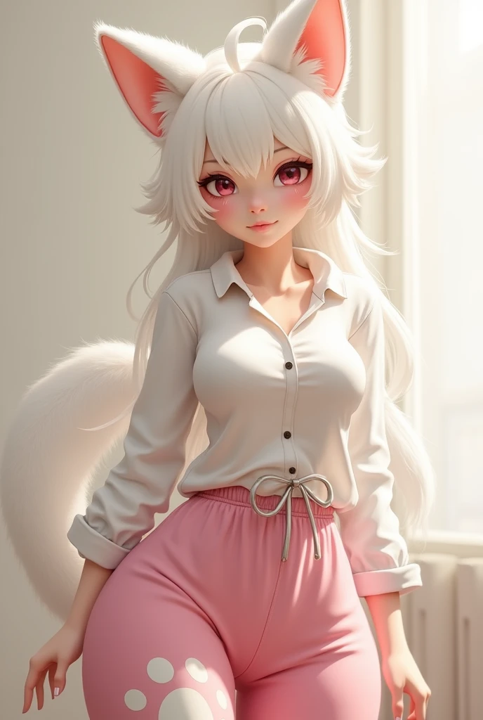 coco furry female masterpiece small breasts beautiful white shirt pink pajamas pants paws 