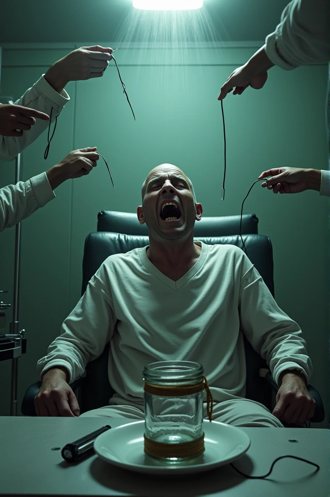 A man tied to a chair,with your hands free,in a hospital room where there are several tubes pointing at your face and in front of you there is a table with several surgical instruments and a recorder, he is a bald man and he is screaming in despair, there is a jar that,on its handle there is a wire wrapping around the handle,with water pressing a plate that prevents the tubes from activating 