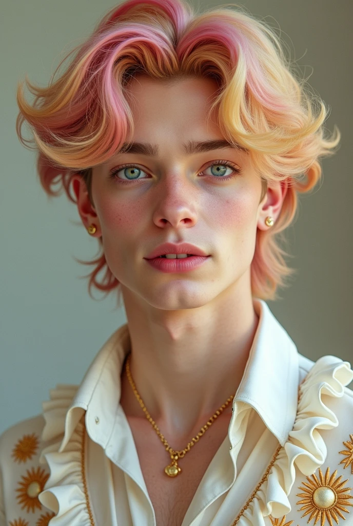 Very handsome young blond man with sun-blonde hair and a pink streak. Your eyes are bright blue-green and very beautiful. He wears a white blouse with ruffles and golden embroidered suns.. Her hair is voluminous. He has a freckle near his left eye and has a very beautiful and happy smile..