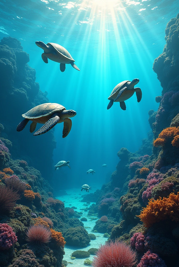 A fascinating underwater scene showcasing marine diversity and a striking Tyndall effect, where light shines through crystal clear waters, illuminating sea turtles and coral formations
