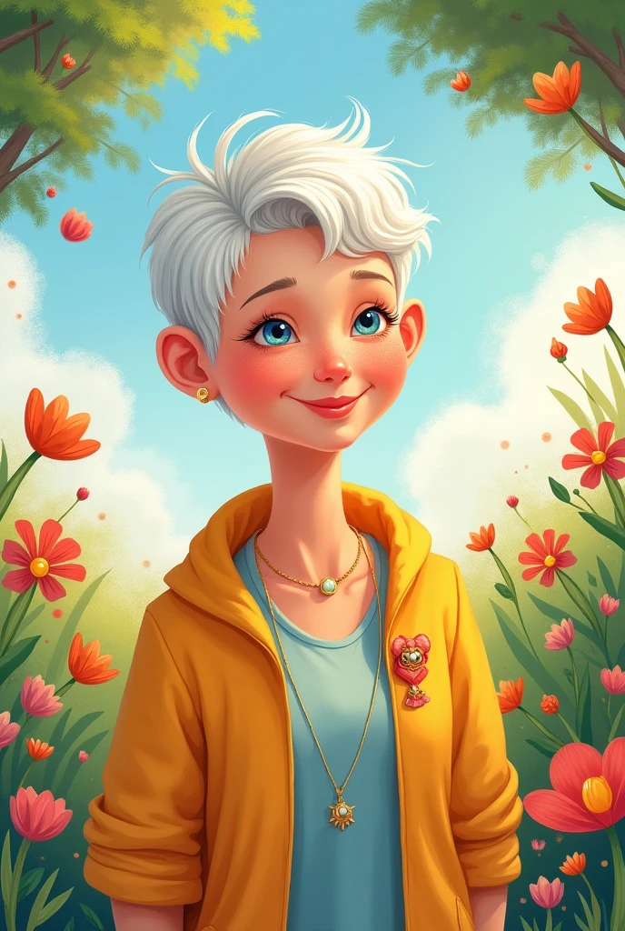 Illustration for children of a 50-year-old woman with white pixie cut hair