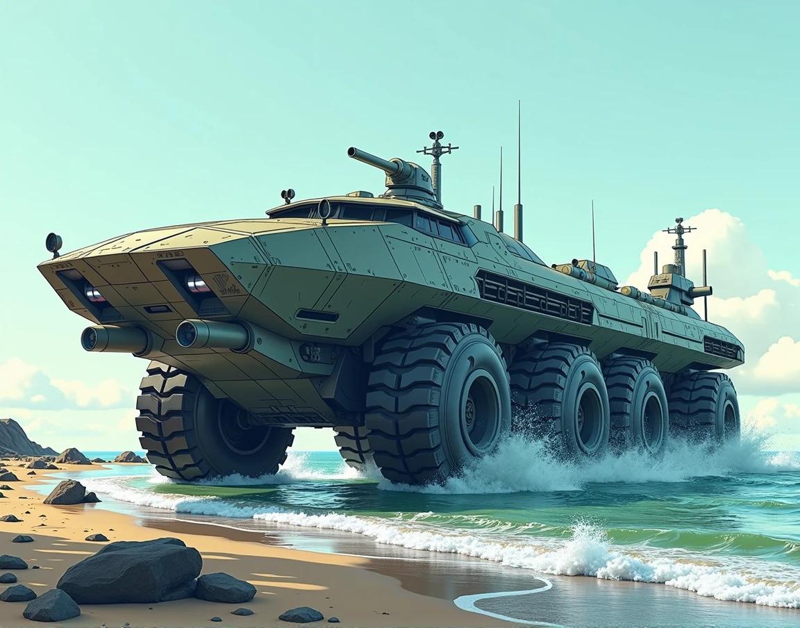 Design a large futuristic vehicle, a mixture of armed tank and passenger ship. With large wheels to move on land and a dynamic profile for navigation. Highly detailed, masterpiece design. Vector graphic style, comic, anime. Well illuminated, moving along the coast. more Longer than taller, equivalent to a passenger ship of the future. is a transport for 100 soldiers