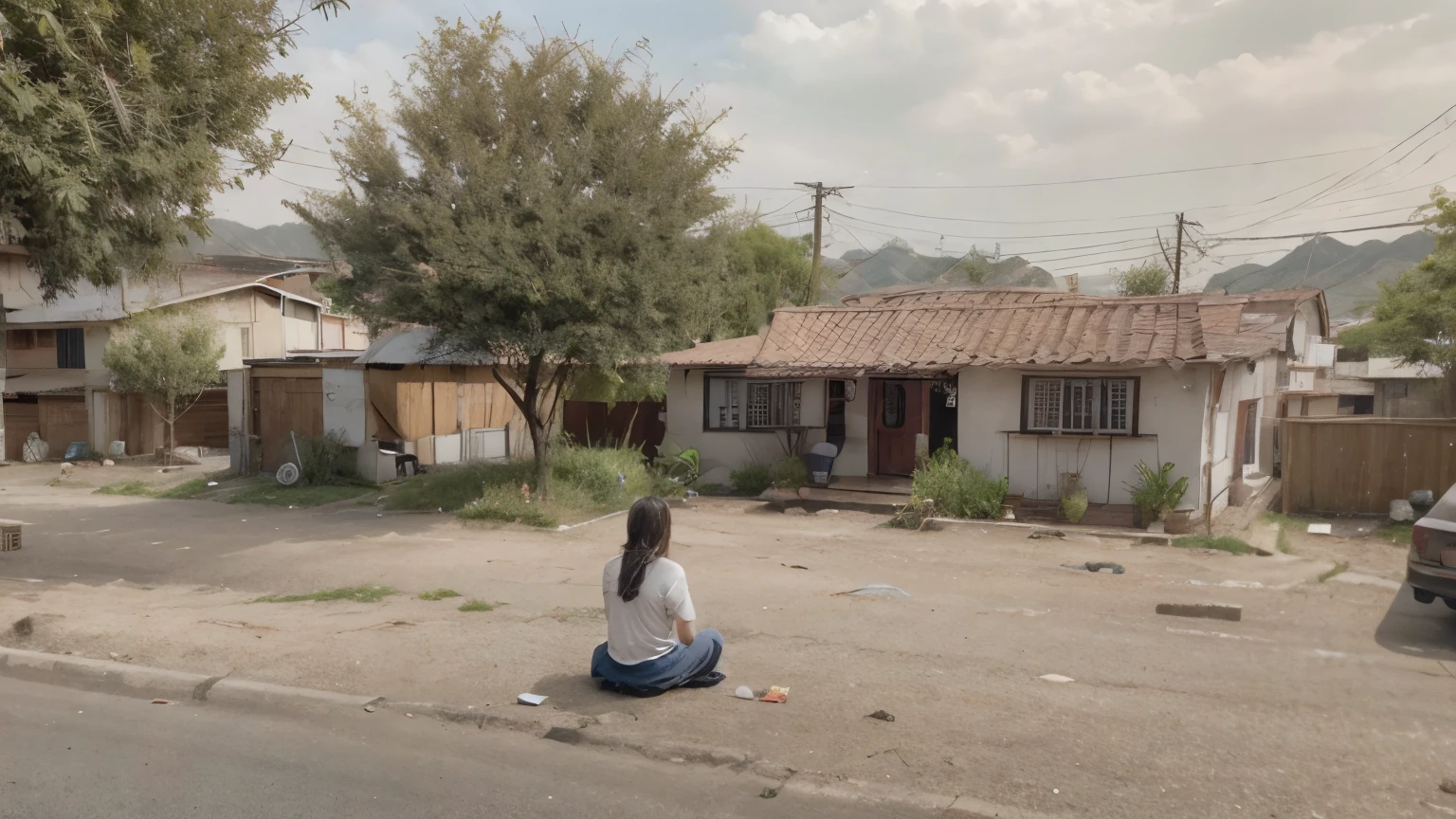 a person meditating in front of their house. Loose Clothes. Feeling of Fullness. cinematic lighting