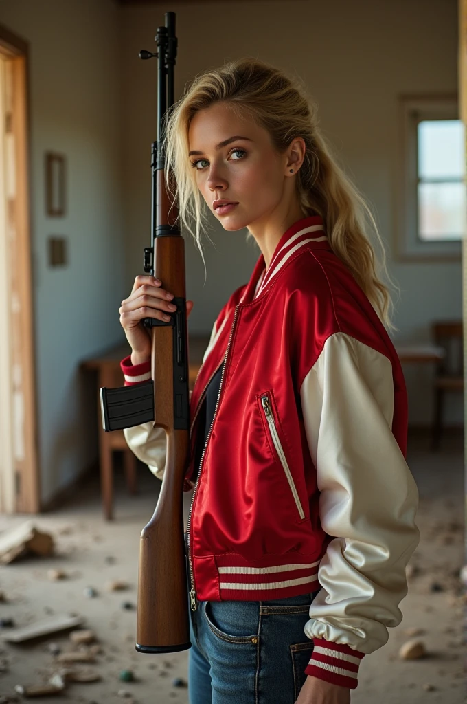 living room background, wasteland,, fragments, soft feminine red and white satin bomber jacket,  blonde woman holding rifle，pointing rifle at camera, fighting stance，almost perfect, pure form, intricate details, 8K post-production, high resolution, super detailed, Popular topics on Artstation, sharp focus, Studio photos, intricate details, Very detailed, author：Greg Rutkowsky