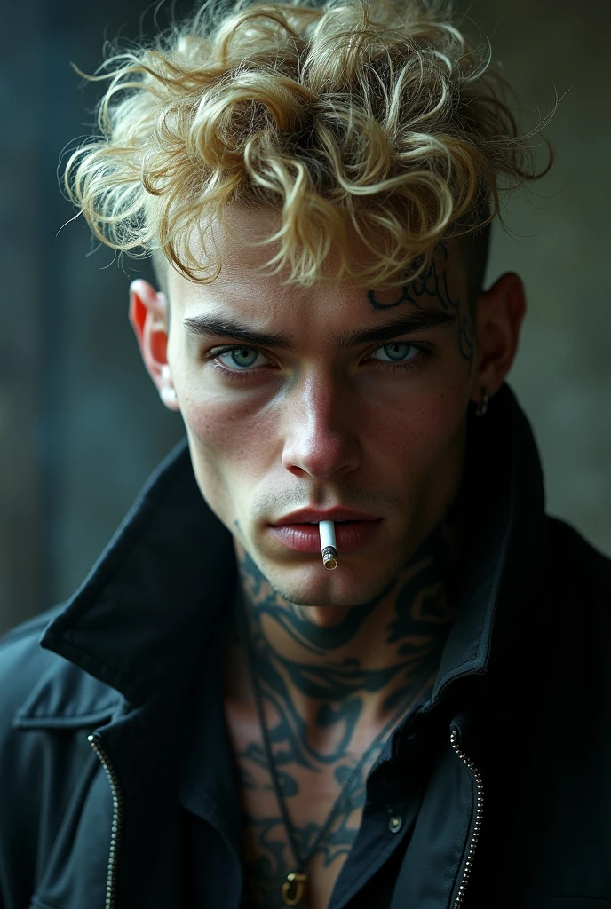 He is 22 years old, 1,88 m, he has dirty, unkempt blonde hair, short and curly and icy blue eyes. various tattoos, with a mysterious and dark aura. A reckless man, carefree and always with a cigarette on his lips. sarcastic, but always with a stoic expression on his well-sculpted face, pink and soft lips and an intimidating gaze.