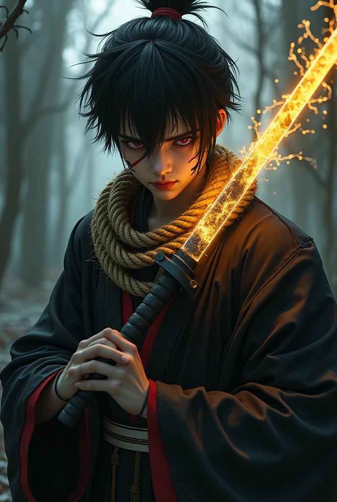 A Japanese ager with a black mark with some red marks on his face, a thick rope around his neck and his clothes completely black with red edges, carrying a sword with yellow lightning around it. Dark fantasy