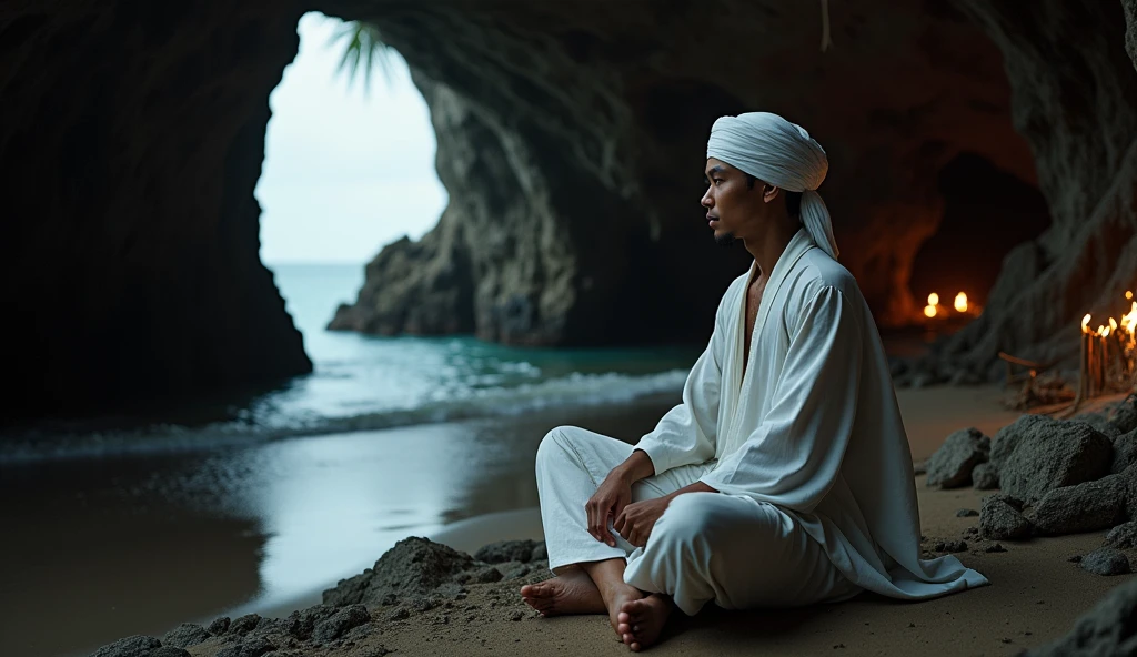 Create an image of a 35-year-old Indonesian man with a clean Southeast Asian face, wearing a white turban, a long white robe, white pants, and sandals resembling those worn by martial artists. He is spending the night in a cave near a southern beach. The scene should be detailed with dramatic, cinematic lighting, and the atmosphere should be mysterious and eerie. The image should be hyper-detailed, 8K resolution, ultra-sharp, and UHD.
