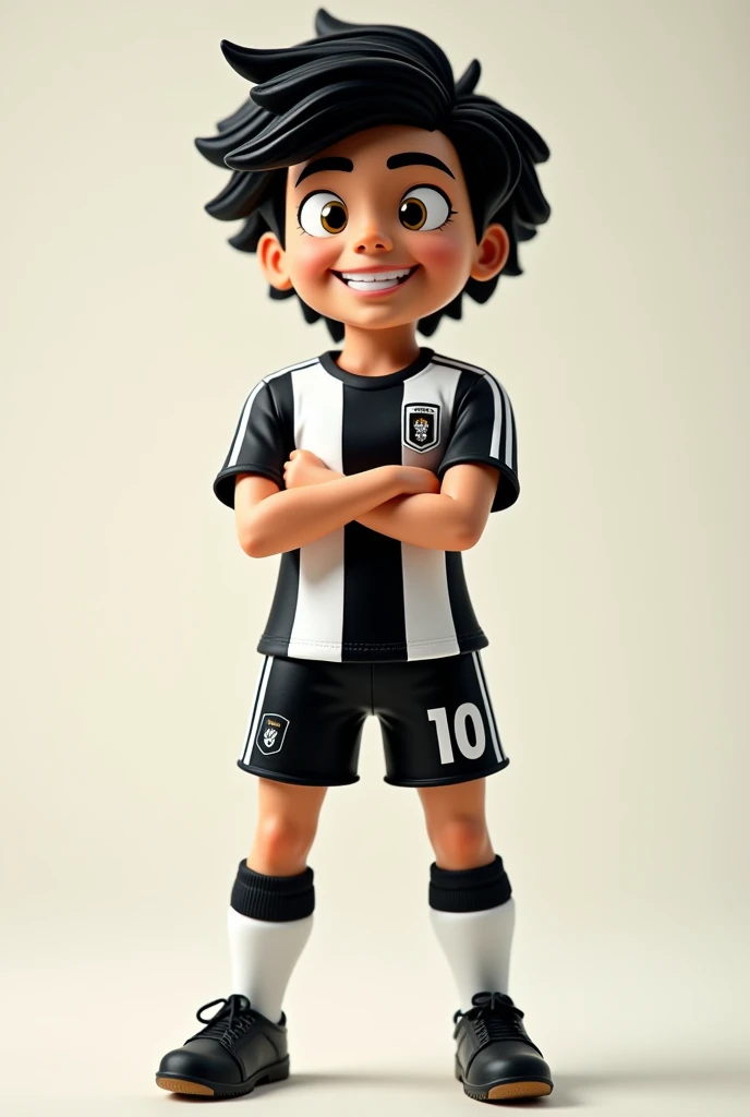 Create a soccer player doll with a black and white number 10 jersey , blackquality hair, offwhite, very slanted eyes, Very smiling,  glad, adult with arms crossed, de corpo todo 