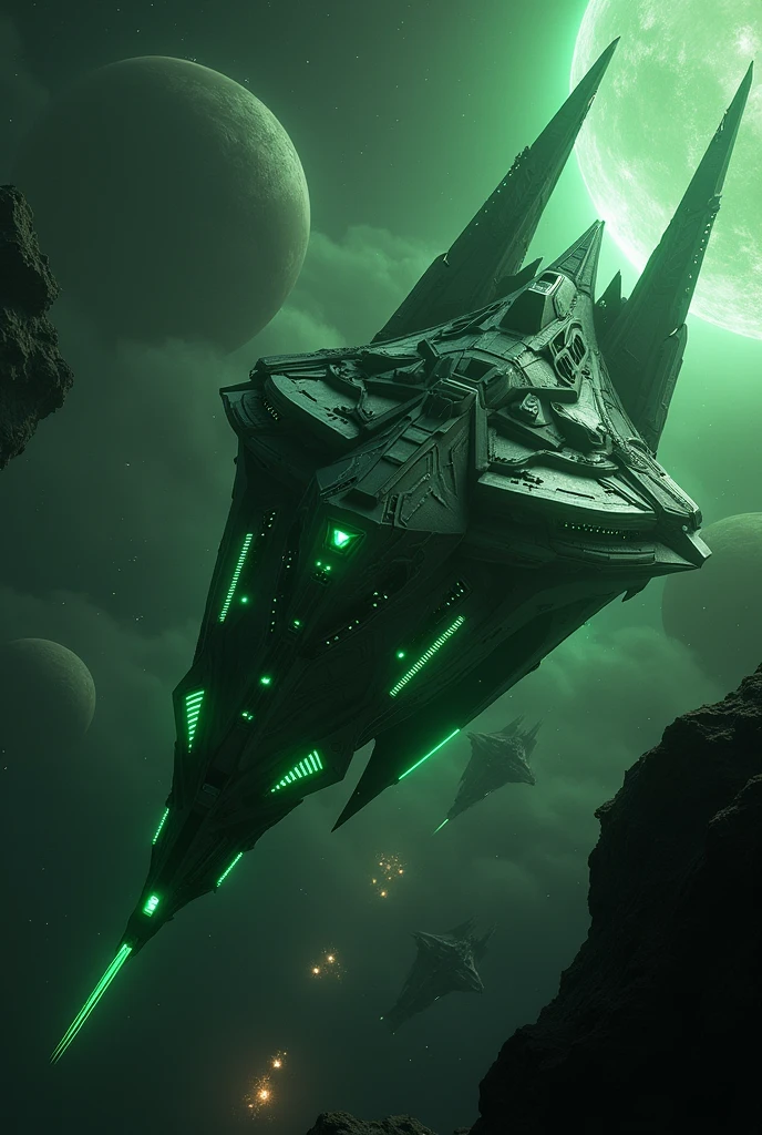 create several giant spaceships, with green lights, gliding in the space between, the planets, looking for ways of life to be saved