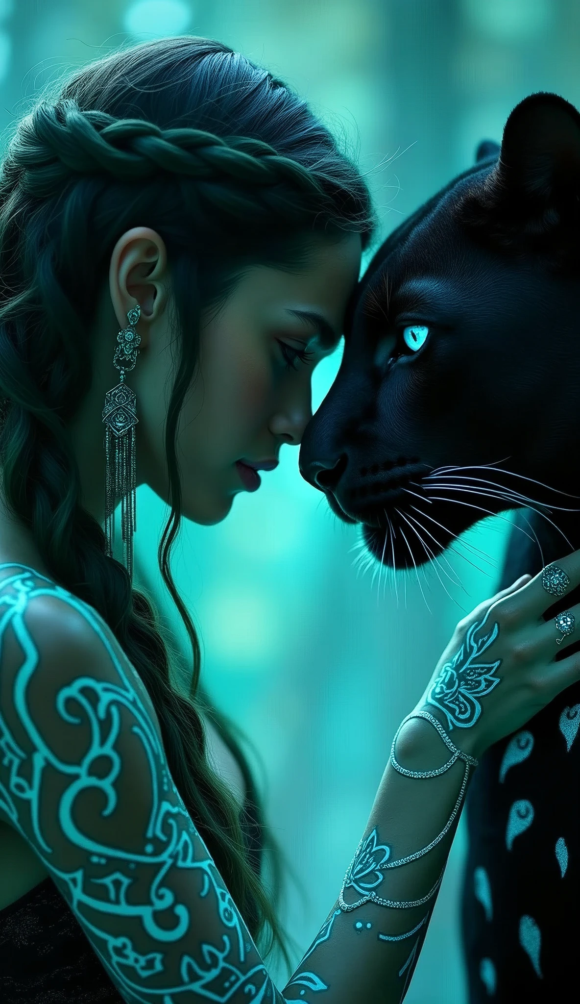 A captivating and mystical portrait of a woman with intricate, glowing blue tribal tattoos covering her face and body, blending seamlessly with the vibrant, greenish-blue hue of her surroundings. Her hair is styled in long, green braids that cascade down her back, adding a unique contrast to her deep, cerulean skin tone. She is intimately close to a majestic black panther, their foreheads touching in a moment of deep connection. The panther’s sleek fur is patterned with subtle, glowing markings that mirror the woman’s tattoos, further emphasizing their bond. Both their eyes glow with an otherworldly intensity, reflecting the powerful connection they share. The background is an ethereal blend of shadows and glowing light, creating a dreamlike atmosphere that enhances the magical, otherworldly theme of the scene. ((UHD:1.5)), ((4K:1.5)), ((masterpiece:1.6)), ((fantasy:1.4)), ((tribal art:1.4)), ((mystical bond:1.4)), by Raphael Lacoste, Wylie Beckert, Aleksi Briclot.