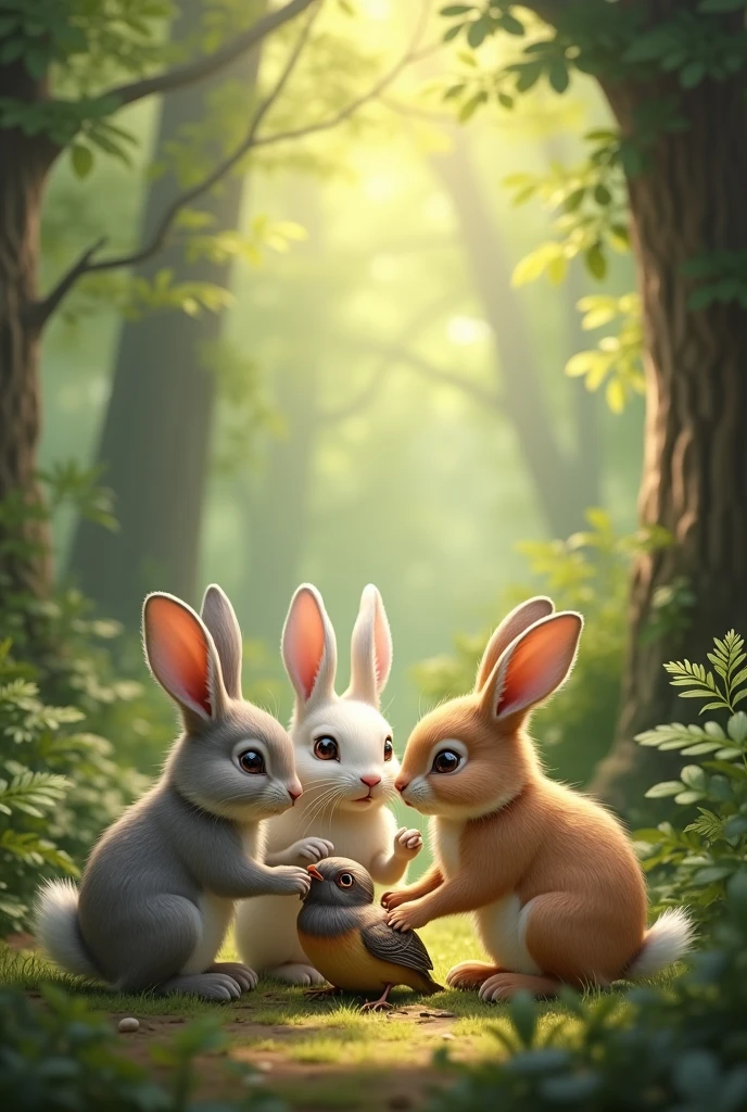 3 rabbits, different appearances ,In a forest, at daytime , helping an injured bird