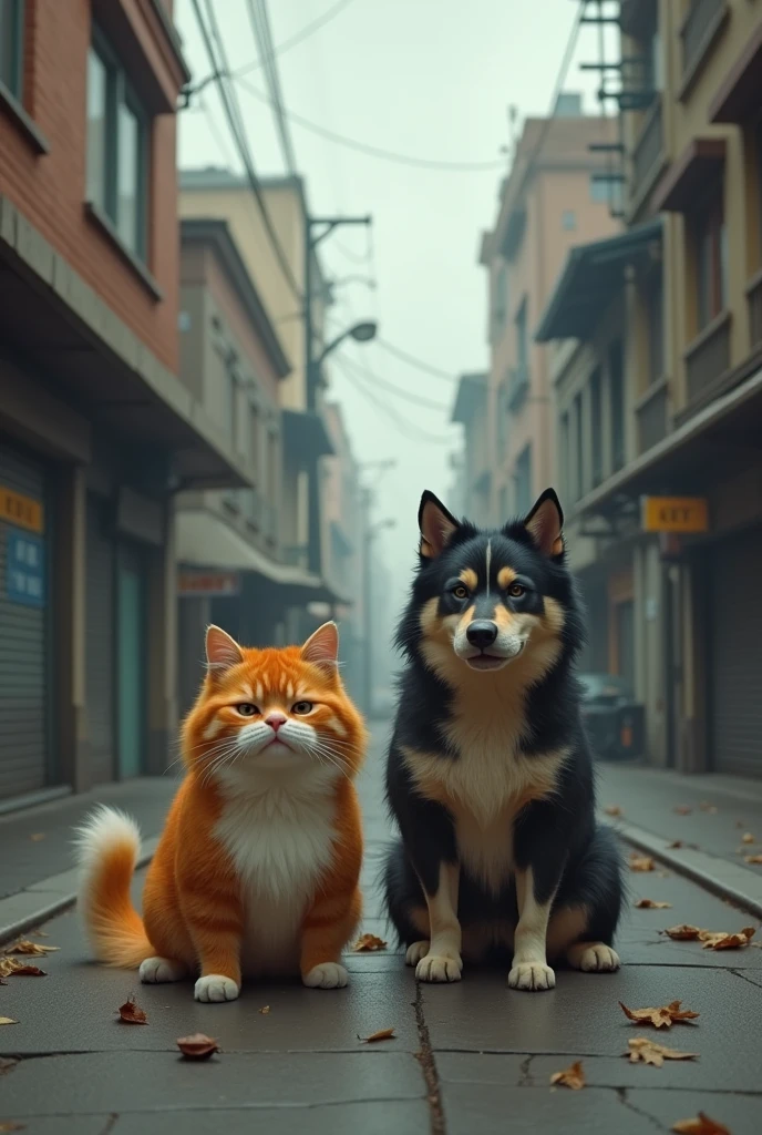 Fat cat and dog in the street who are sad