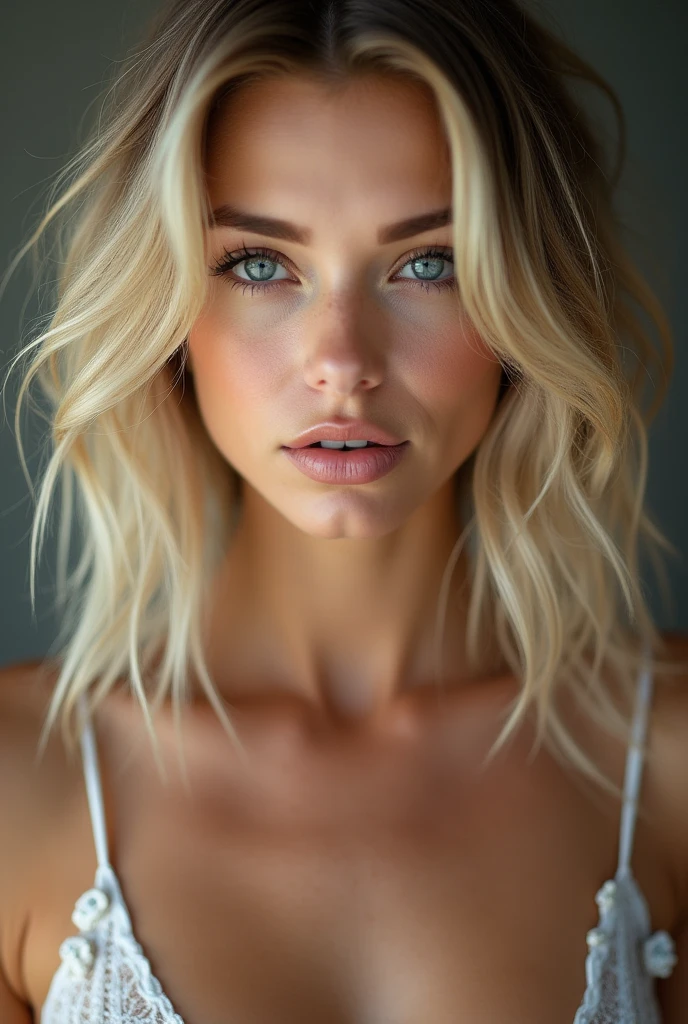 Nude photo, best quality photo, A woman alone with blonde hair, Lovely pink eyes, fleshy lips, seducer