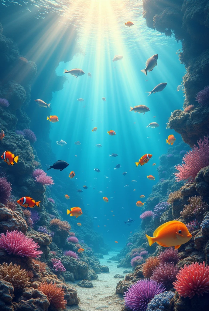 A fascinating underwater scene showcasing marine diversity and a striking Tyndall effect, where light shines through crystal clear waters, illuminating sea fish coral formations