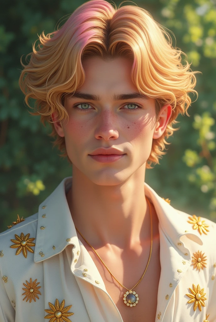 Very handsome young blond man with sun-blonde hair and a pink streak. Your eyes are bright blue-green and very beautiful. He wears a white blouse with ruffles and golden embroidered suns.. Her hair is voluminous. He has a freckle near his left eye and has a very beautiful and happy smile..