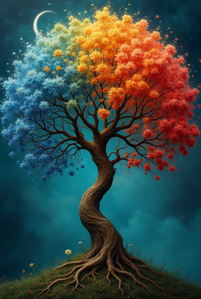A magical tree with 7 branches, Each branch with a different color, from left to right, branch 1 blue flowers, branch 2 orange flowers, branch 3 red flowers, branch 4 water green flowers, branch 5 black flowers, branch 6 white flowers, branch 7 flowers intense green, surrealism+Baroque+oil_painting 8k resolution, super detailed,