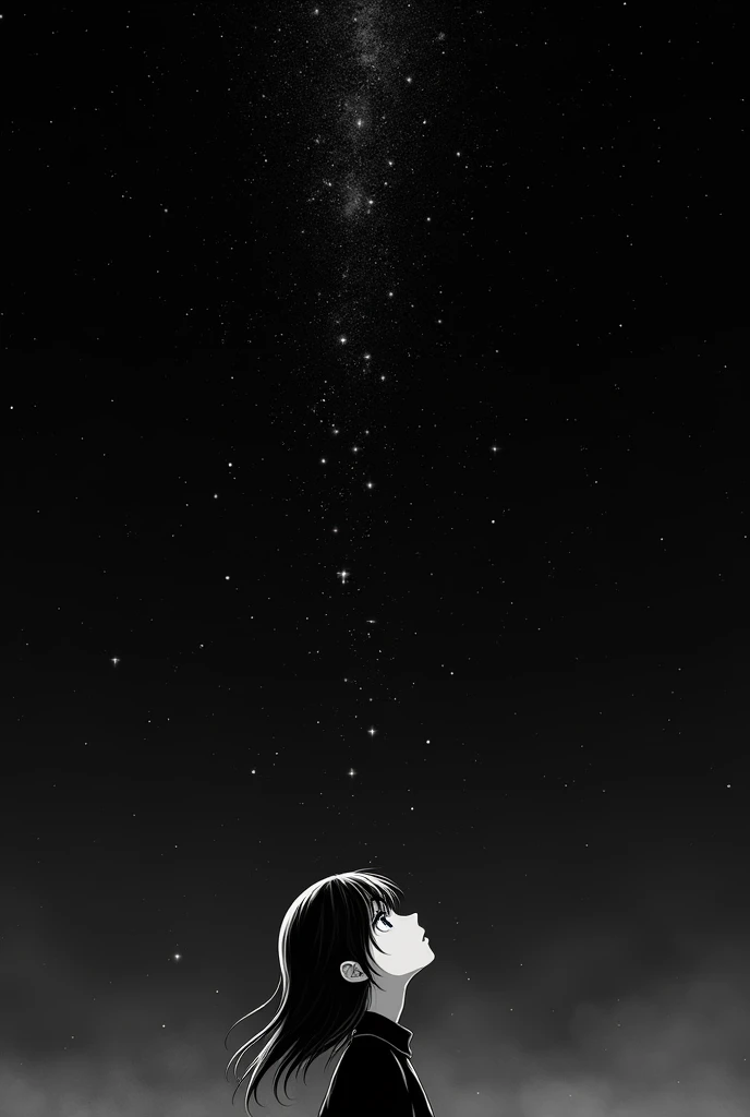 Anime-style character in black and white looking up at the starry sky 