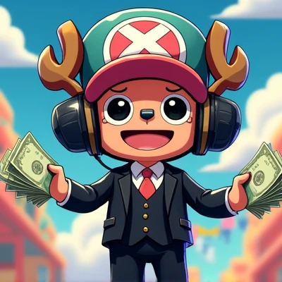 anime character, with tony tony chopper's hat, headset, glasses on the face, Black Suit, and holding large bills of money in his hand. One Piece themed background