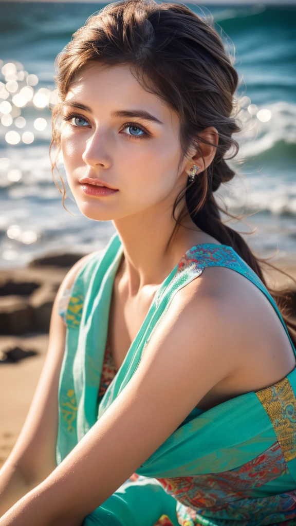 (best quality,4k,8k,highres,masterpiece:1.2),ultra-detailed,(Ultra-realistic, photorealistic,photo-realistic:1.37), 1 beautiful young Japanese Italian half model, 17yo, She's posing in a way that emphasizes her breasts, seductive pose, sitting on coral coast in Australia, detailed eyes, high nose, blue eyes, delicate facial features, long eyelashes, peaceful expression, colorful dress, detailed folds and textures, Sparkling Waves, warm vibrant colors, cinematic lighting, 8k, high quality, photorealistic, studio lighting, detailed texture, vivid colors, toned body, detailed moist skin texture,