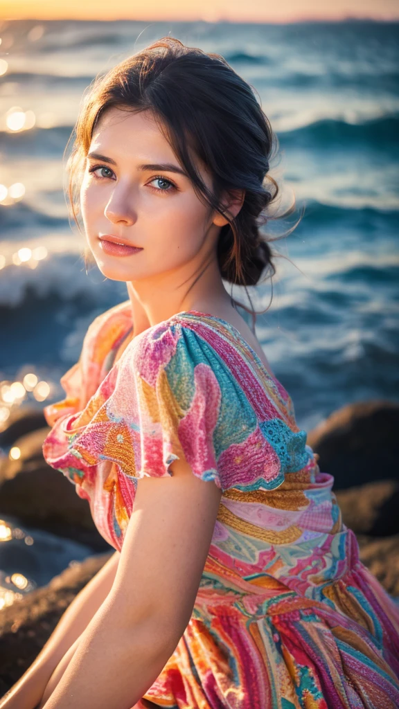 (best quality,4k,8k,highres,masterpiece:1.2),ultra-detailed,(Ultra-realistic, photorealistic,photo-realistic:1.37), 1 beautiful young Japanese Italian half model, 17yo, She's posing in a way that emphasizes her breasts, seductive pose, sitting on coral coast in Australia, detailed eyes, high nose, blue eyes, delicate facial features, long eyelashes, peaceful expression, colorful dress, detailed folds and textures, Sparkling Waves, warm vibrant colors, cinematic lighting, 8k, high quality, photorealistic, studio lighting, detailed texture, vivid colors, toned body, detailed moist skin texture,