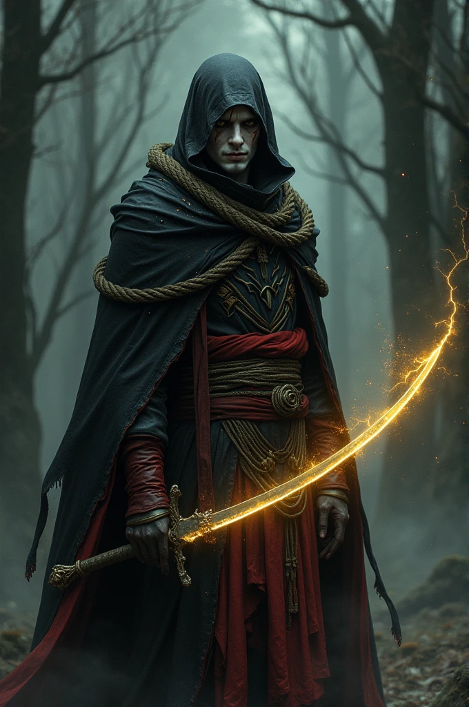 Man with black mark with some red marks, a thick rope around his neck and his clothes completely black with red edges, carrying a sword with yellow lightning around it. Dark fantasy