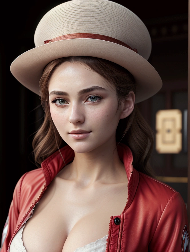 (8k, best quality, masterpiece:1.2), ultra-detailed, Masterpiece, realistic lighting,masterpiece, best quality, masterpiece, official art,extremely detailed CG unity 8k wallpaper,beautiful detailed eyes, light on face, 1girl, Asuka,Upper body, breasts, pilot_suit, plugsuit, red_jacket, windbreaker, gloves, bandage, hair_ornament, bracer, woman with hat wearing