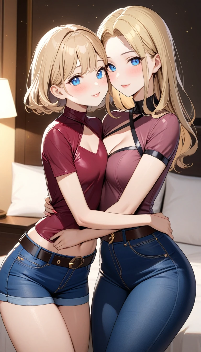 Two beautiful ladies ((lady 1: 35y old mom, with short straight blonde hair, lady 1 with blue eyes and caucasian skin, lady 1 wearing Tight Jeans and Leather Belt, lady 1 Sexy Criss Cross Mock Neck Short Sleeves Burgundy Blouse)), ((lady 2: 13y old daughter, with short straight blonde hair, lady 2 with blue eyes and caucasian skin, lady 2 wearing Tight Jean Shorts and Leather Belt, lady 2 Sexy Criss Cross Mock Neck Short Sleeves Crimson Blouse)), luxurious jewelry, 18k gold wedding ring on left hand, standing in their bedroom at night, hugging and kissing each other, (light brown lipstick), (elegant mascara), (slim body), (small breasts), (wide hips), endjourney, <lora:GoodHands-, <lora:GoodLegs-, UHD, high resolution, (expressive eyes, perfect face, full body, expressive face, perfect body, perfect pussy, athletic, fit, slim body, blushing, Perfect makeup, eyeliner, beautiful eyelashes, smiling, horny face), ((best illumination, best shadows)), ((sexy pose)), ((Front pov:1.1))