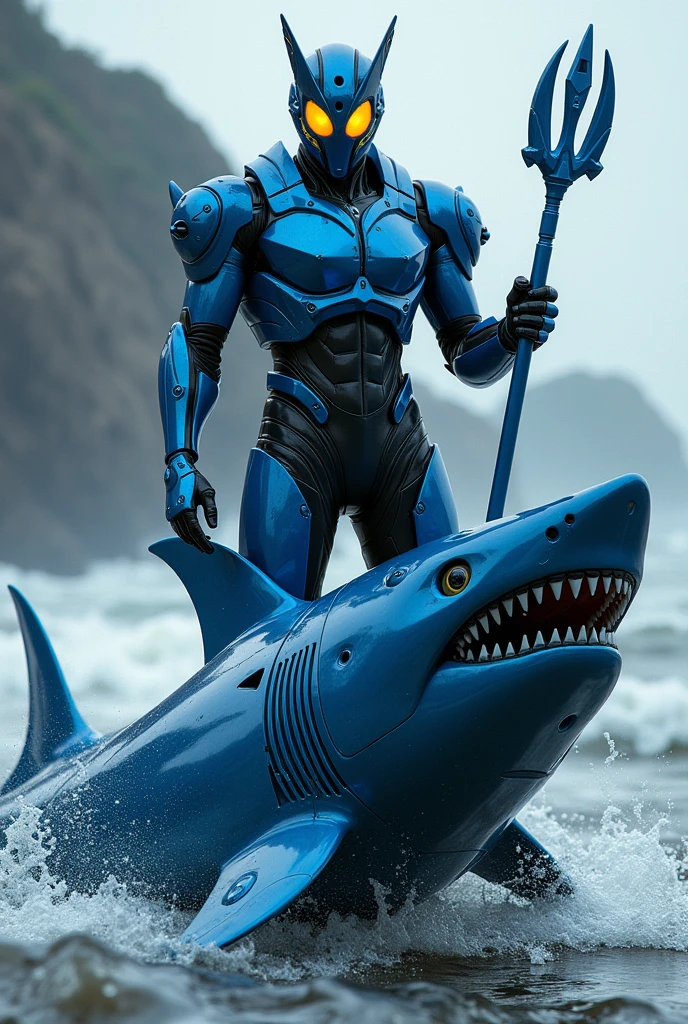 Kamen Rider Shark type, black inner suit, blue armor, two yellow eyes with lights, trident weapon, standing on a back blue shark robotic with yellow eyes with lights, the background is sea waves.