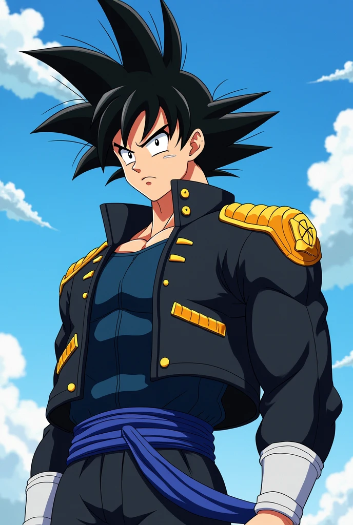 subject: Goku, the Saiyan warrior.
Appearance: AGE: young adult, Gender: masculine, Height: high, Complexion: athletic.
outfit: Black suit inspired by the style of One Piece, with a unique design that combines elements of the Wano Pirates' clothing. The suit includes:
- Una chaqueta negra con mangas largas y un cuello high, with a golden symbol on the back.
- A black shirt under the jacket, con un cuello high y mangas largas.
- Black tight pants, with a gold stripe on the sides.
- Black leather boots with a thick sole.
facial expression: determined, with an intense look.
eyes: grises, with a metallic silver tone.
bottom: A clear landscape, with white clouds and a clear blue sky.
style: anime, with dynamic lines and vibrant colors.
Additional Details:
- Goku wears his long black hair loose, with some strands falling over her face.