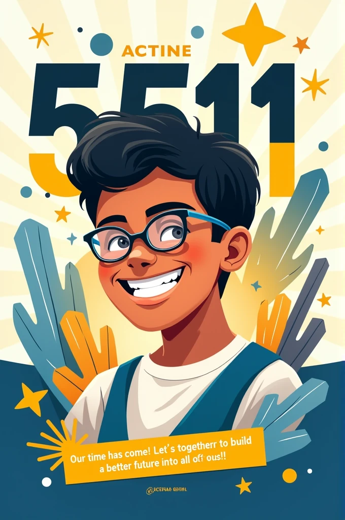 A card that introduces someone as the new force of youth in Várzea do Poço. Use an individual photo of someone with a confident expression. Add graphic elements such as arrows or “play” icons that point to the number 55111, emphasizing the idea of action and movement. Use the yellow color palette, blue and white to create an attractive contrast and highlight the number.
- **Text on the Piece:** “Our time has come! Let's work together to build a better future for all of us!”