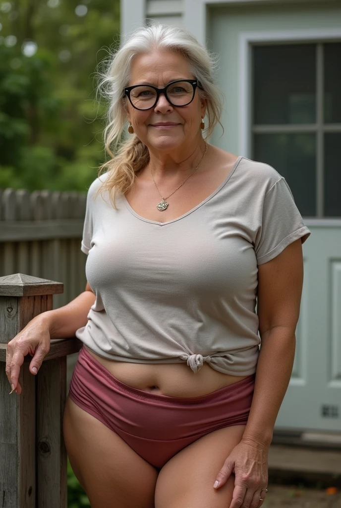 megan mullally, ((66yo GILF)), totally hotie beautiful granny, with her cute grandson boy, BREAK, rimmed eyeglasses, ponytail chic hair, totally hot & cutie gilf, thick fleshy arms, (anatomically perfection:1.2), (perfect anatomy), masterpiece, best quality, masutaa piisu, detailed eyes, lewd sensual thick gilf, dynamic view, BREAK, this gilf is so sensual, her body is thick, she's seen to be talking to 1 on her house kitchen, (she's wearing loose t-shirt and mini hot pants:1.3), wearing loafers, (fully clothed), natural sensual pose, arms on fence, (full body view), BREAK, (avoid generating fat girl),