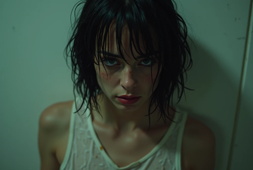 70s setting, grainy film, ultra-detailed, realistic, abstract, desperate tremor, sexual exhausted, hard breath, loosing control, hazy view, sweat, desperation, soaked t-shirt, void background, red lips, noir, wet sticky hair, bob cut, natural skin texture, hot, gray eyes